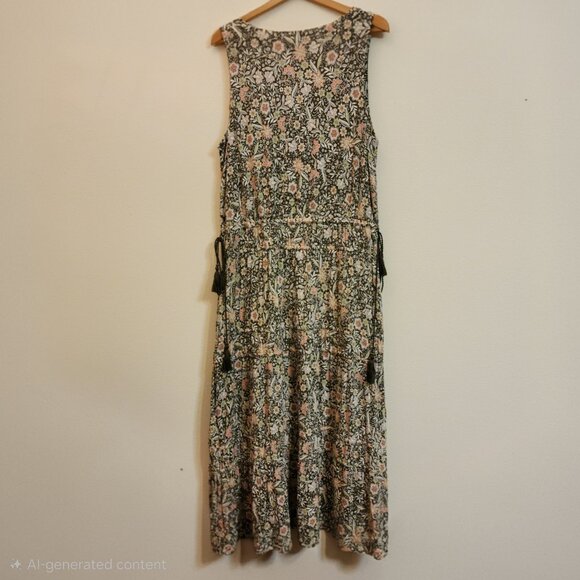 J Jill TierMaxi Floral Dress Women L Boho Khaki Green Slvless Cottage core Chic - Picture 10 of 14